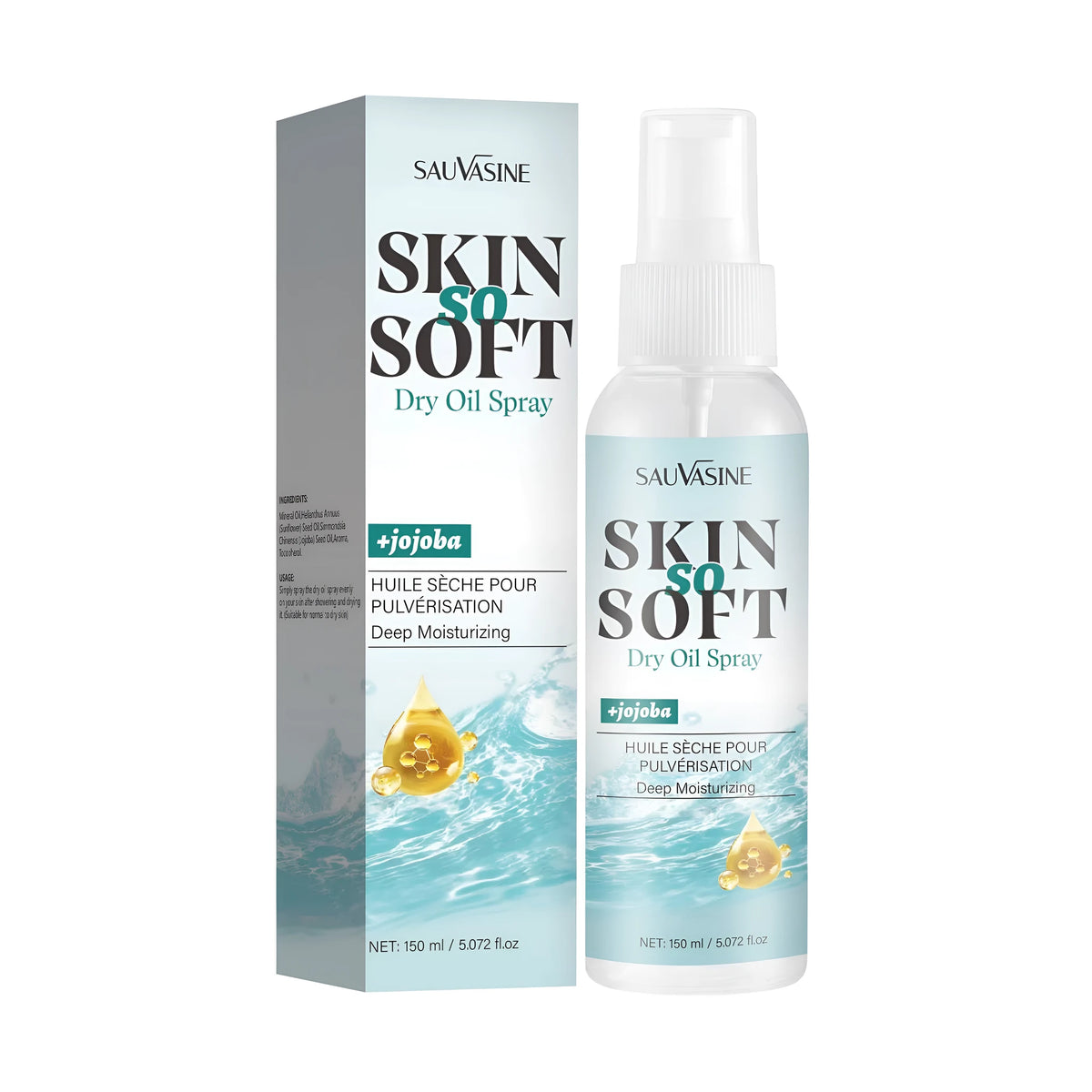 150ml dry oil spray bottle with SKIN SO SOFT branding and neutral packaging