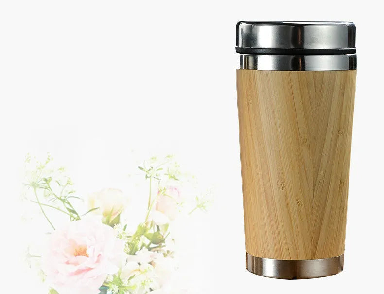 Bamboo insulated coffee cup with stainless steel interior and leak-proof lid, 420ml capacity