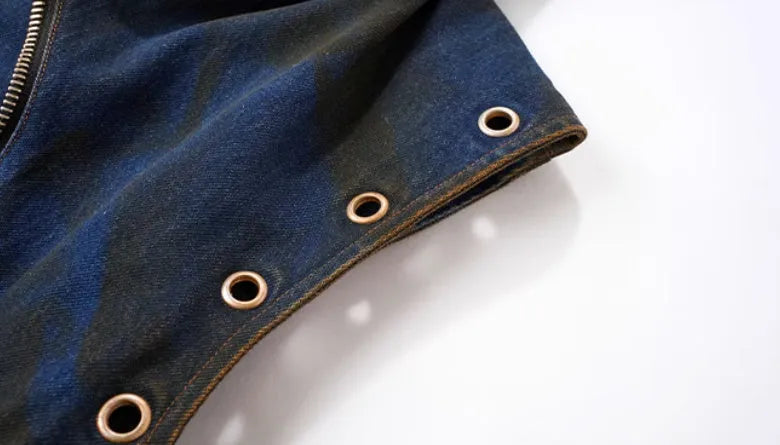 Blue hooded denim vest coat and trousers set with Korean style heavy industry deconstruction