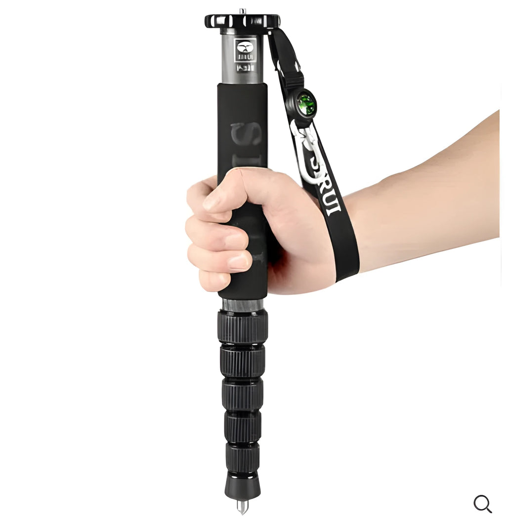 Black carbon fibre SLR camera monopod collapsed to 380mm with six telescopic sections
