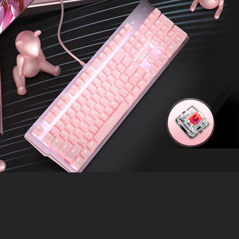 Pink full-size mechanical keyboard with 104 keys and USB cable.