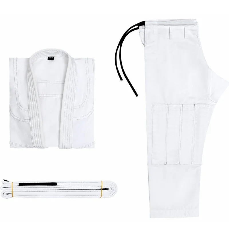 Cotton blend Brazilian Jiu-Jitsu gi jacket and trousers set on a white background.