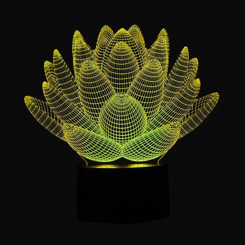 Lotus-shaped night light with acrylic shade and touch controls showing seven colour options