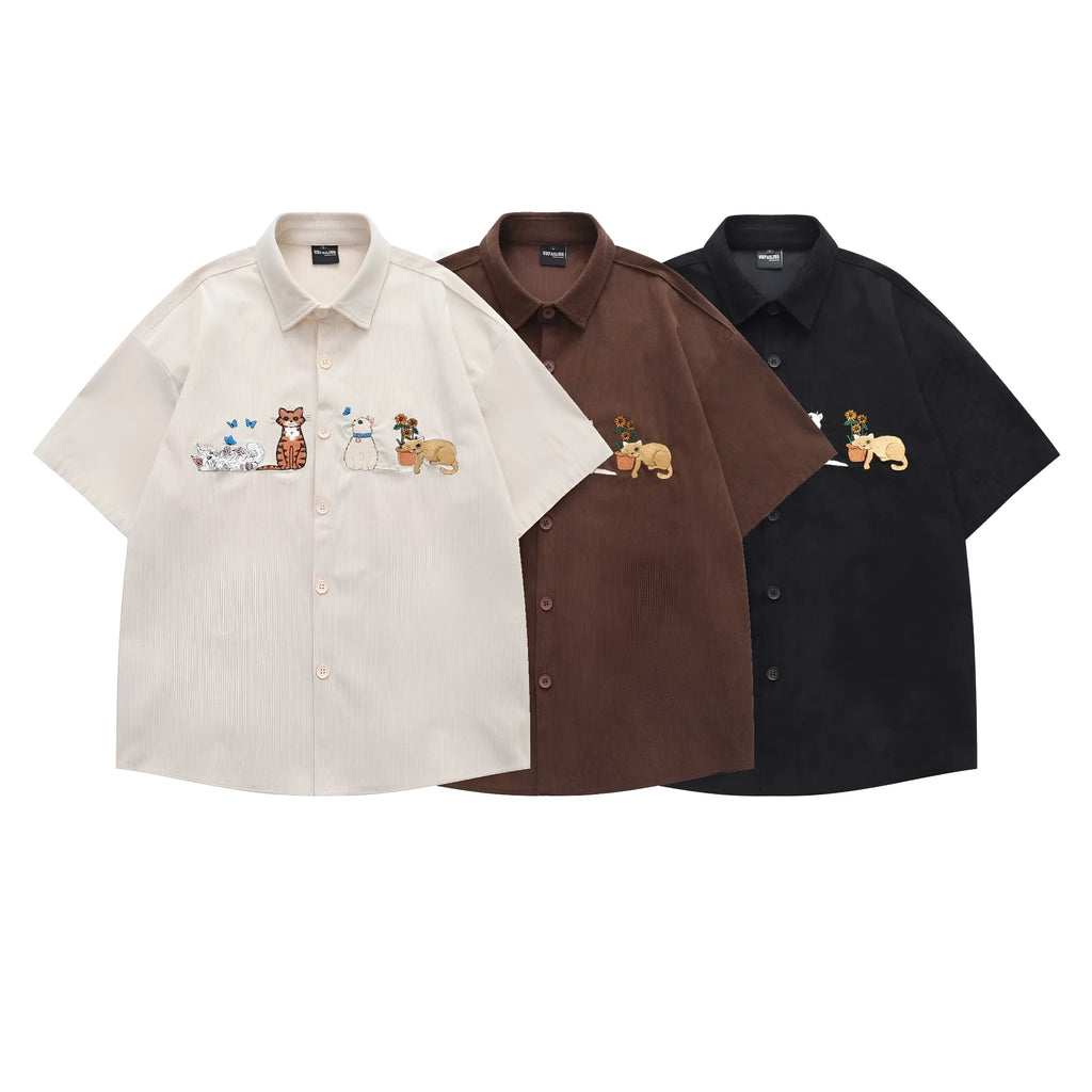 Loose fit cardigan shirt with embroidered cartoon pattern in polyester fabric