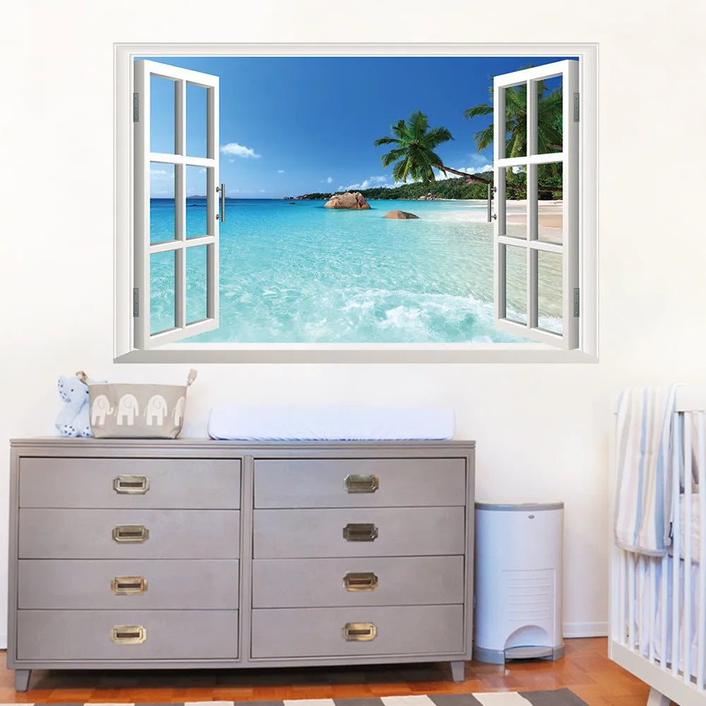 Sea view window wall sticker PVC mural 60x90cm with fire retardant and antifouling functions