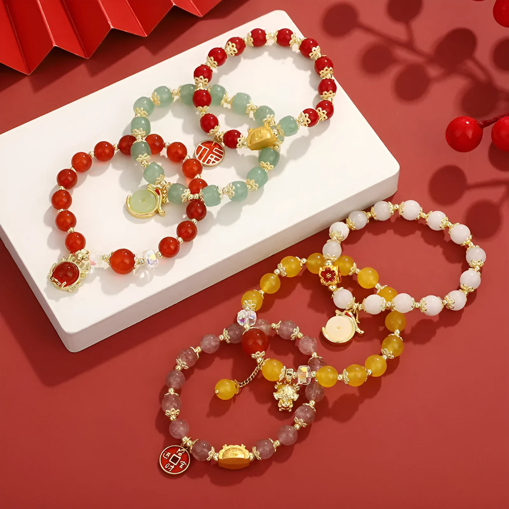 Chinese style natural stone beads bracelet with lucky coin and agate beads on white background