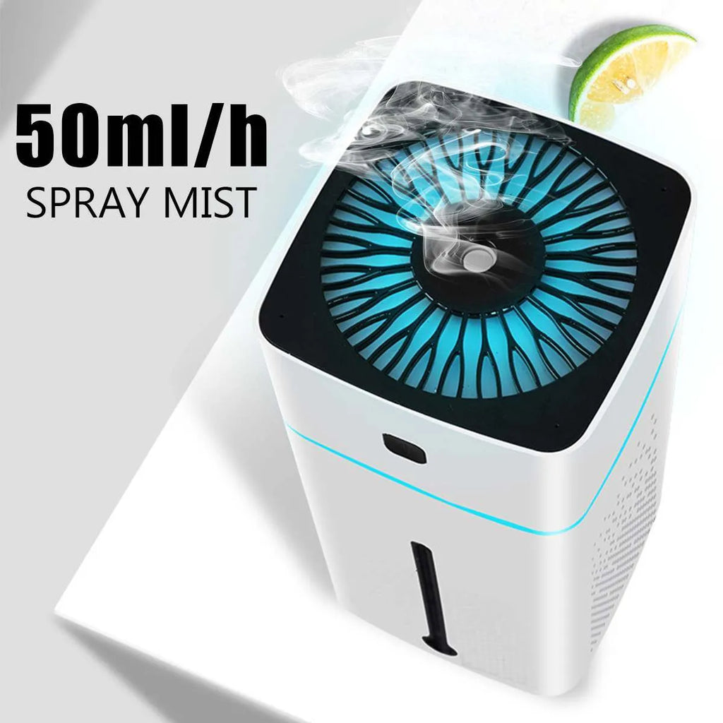 A compact black or white desktop humidifier with USB port, showing dimensions of 103mm by 103mm by 218mm.