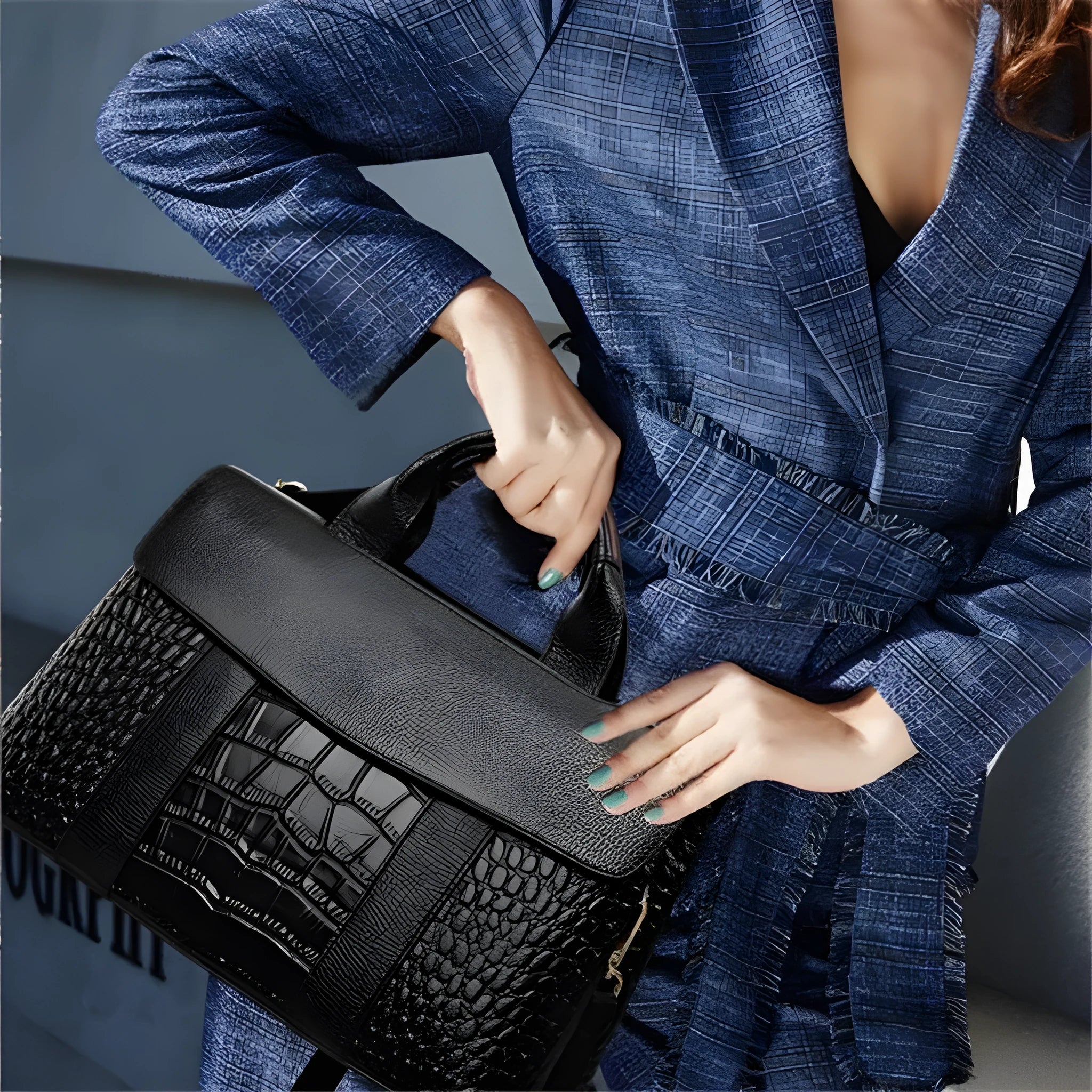 Simple women's black shoulder bag with PU lining, large size 36cm width, structured shape