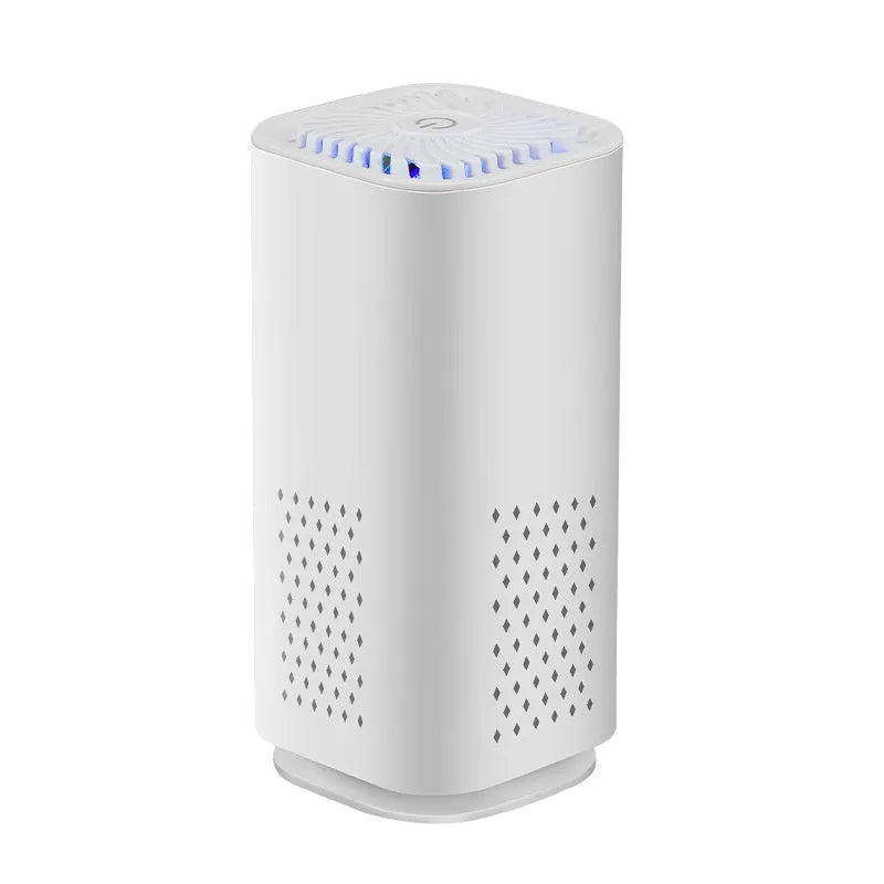 Mini car air purifier in black or white with USB cable for small space smoke and dust removal