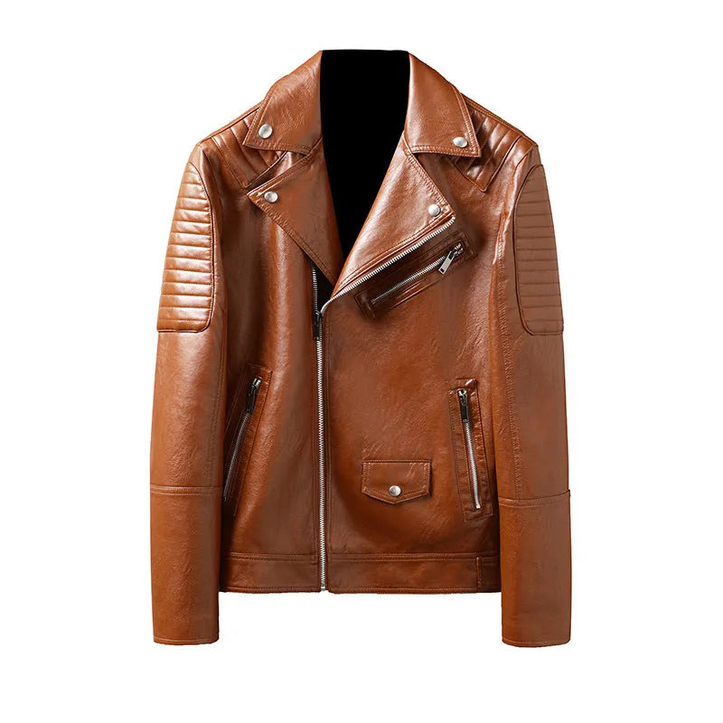 Slim-fit PU leather biker jacket for men in black, featuring zipper pocket and stand collar