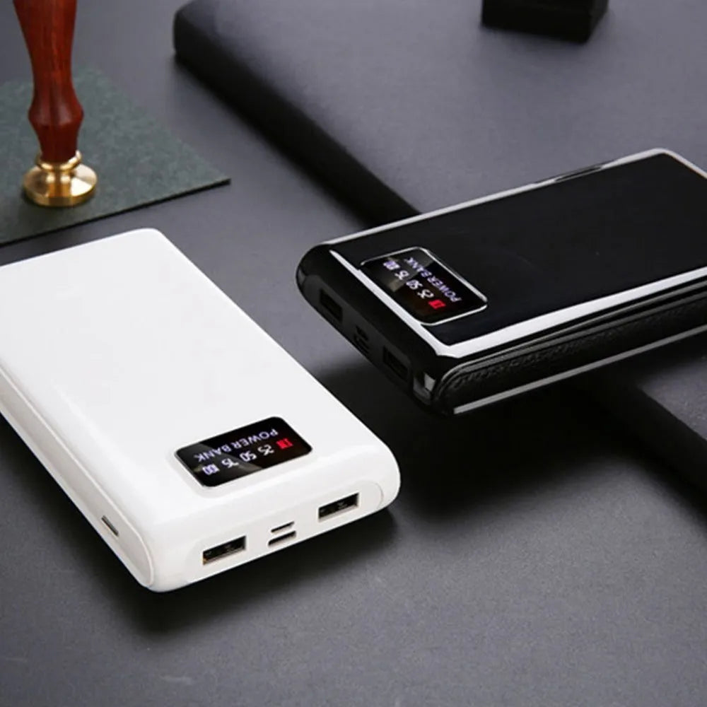DIY 18650 mobile charging bank case kit showing black enclosure with USB ports for six battery cells