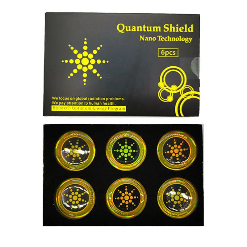 Six mobile phone anti-radiation stickers in silver and gold colours with self-adhesive backing