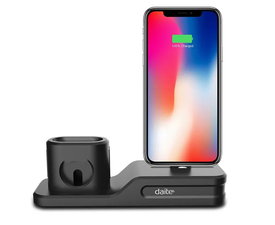 Black silicone 3-in-1 wireless charging station for Apple Watch, AirPods and iPhone on a desk
