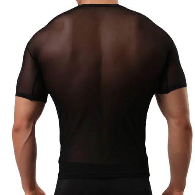 Men's slim fit mesh t-shirt in a solid colour, showcasing transparent nylon fabric and short sleeves.