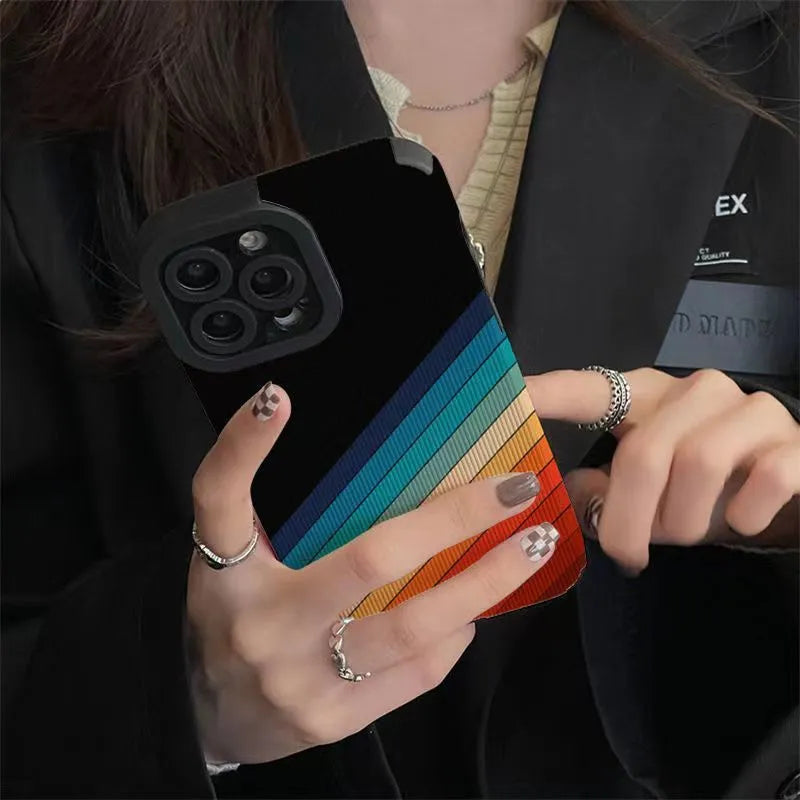Imitation leather phone case with DIY metal stamping stripe line design in Rainbow colour