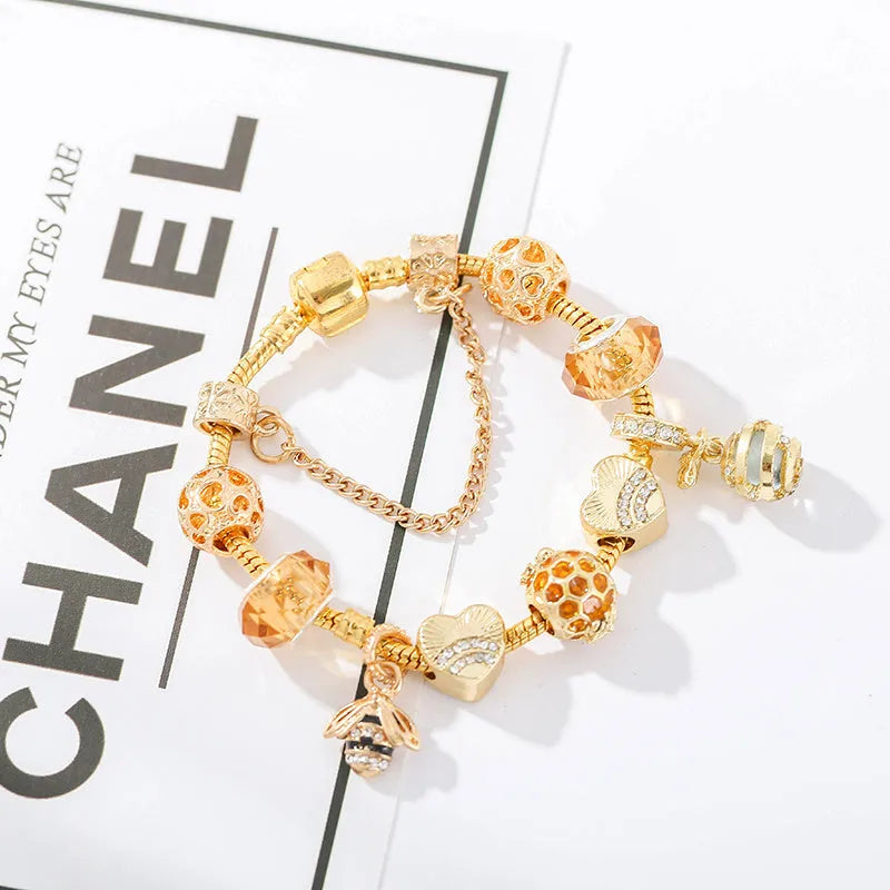 Gold-plated alloy bracelet with cartoon hardworking bee design for women, six length options from 16cm to 21cm