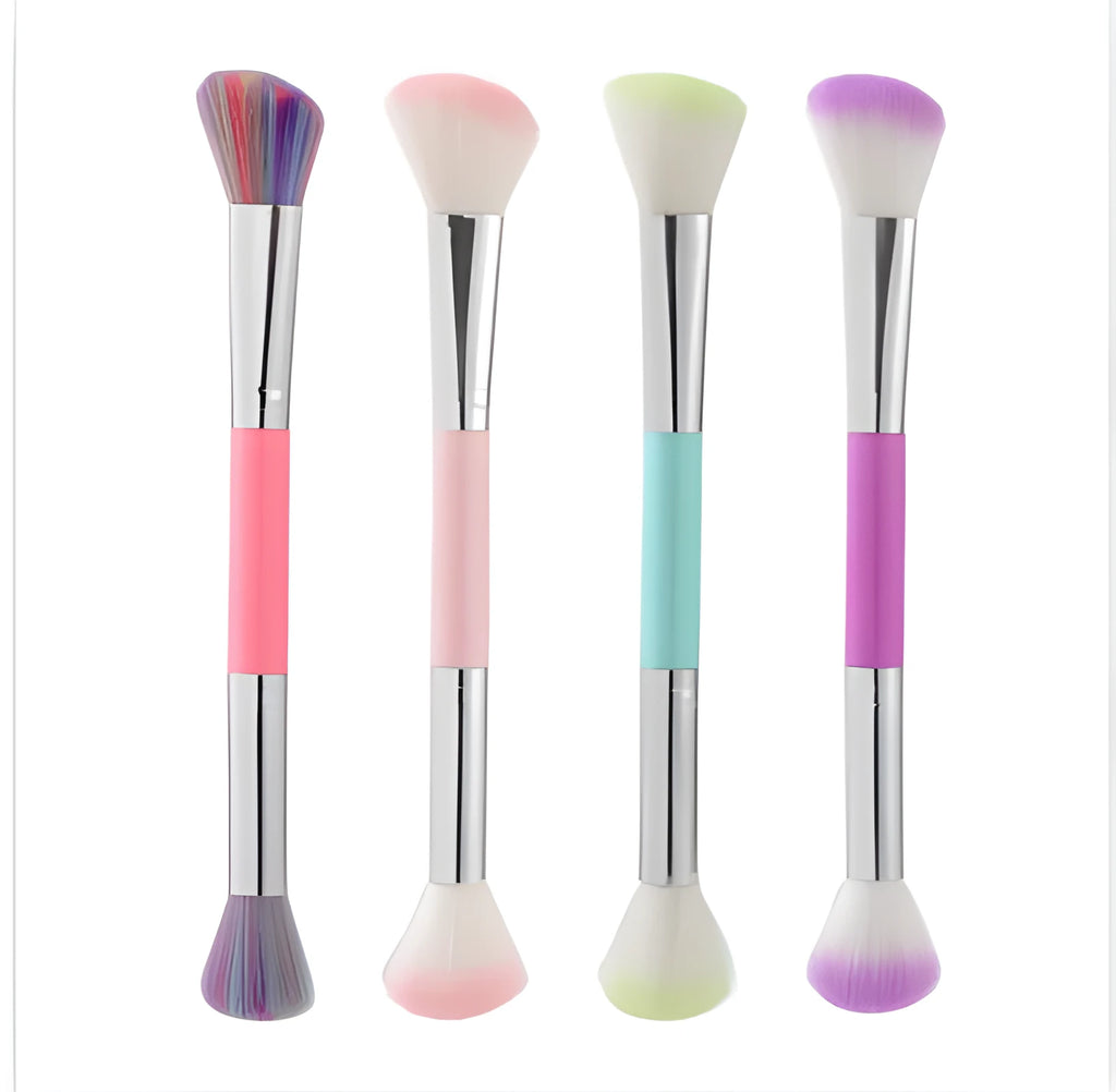 Double-headed makeup brush with soft fibre hair for loose powder, blush and highlight, 15g, in Colourful, Green, Pink or Purple