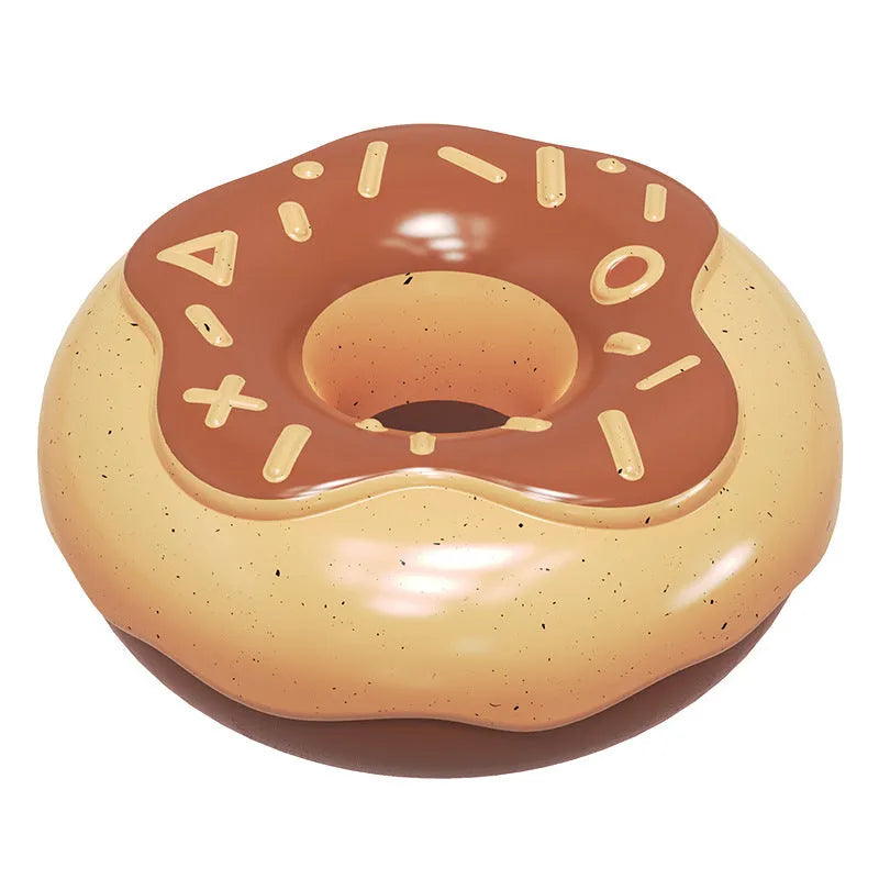 Pink, yellow, and chocolate TPR donut dog toy with squeaker for molar cleaning.