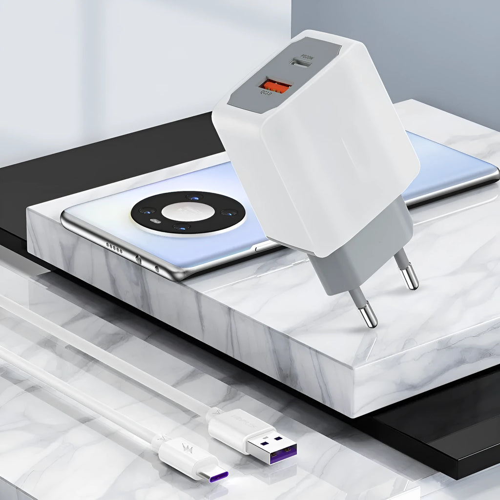 White phone fast charger set with USB cable on a white background.