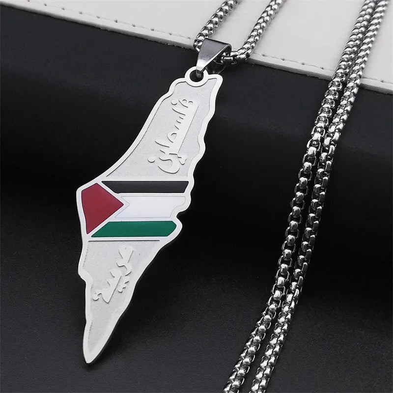 Gold stainless steel Palestine Israel map pendant necklace with 60cm box chain on white background