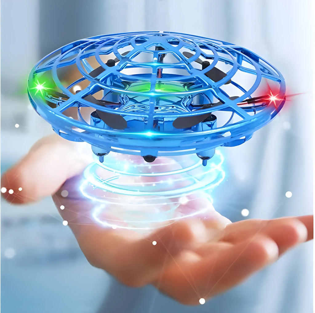 Flying Helicopter Mini Drone UFO RC Drone with infrared sensors and blue flexible guardrail on white background
