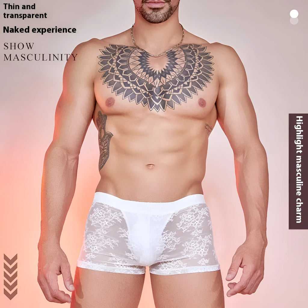Fashion Personality men's black boxers with a white lace trim detail laid flat.