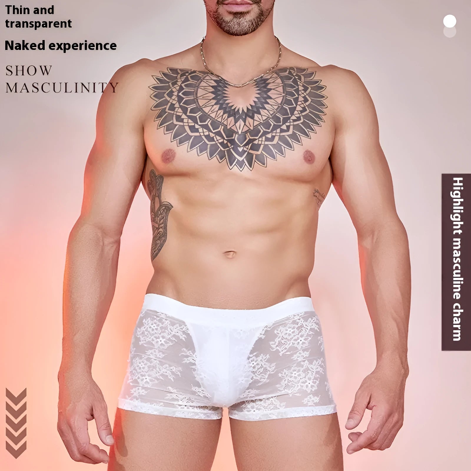 Fashion Personality men's black boxers with a white lace trim detail laid flat.