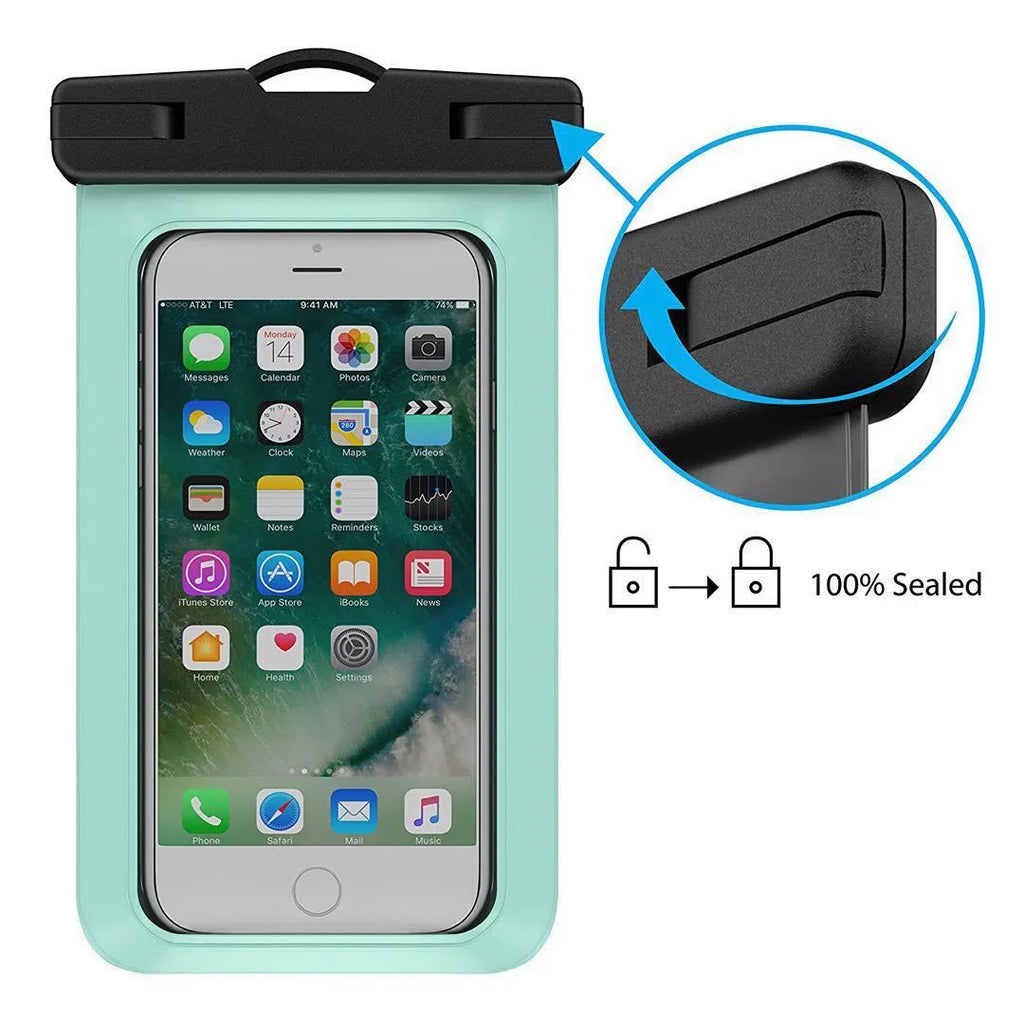 Waterproof mobile phone bag in environmentally friendly PVC measuring 21 x 10.7 cm