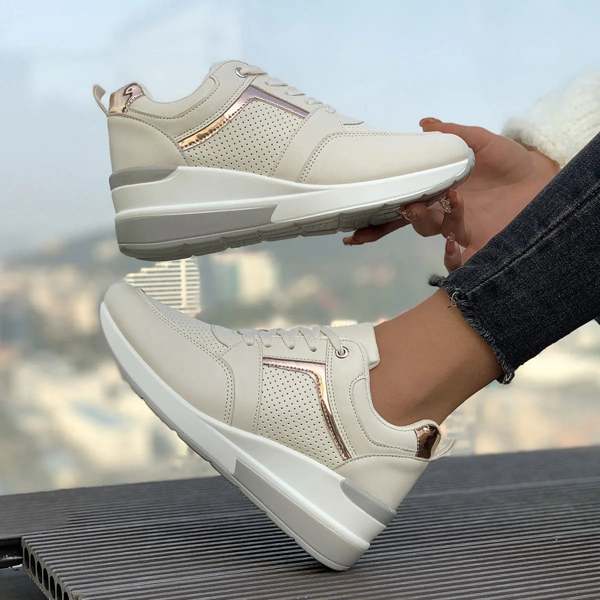 Women's milky white wedge platform casual shoes with front lace-up on a rubber sole.
