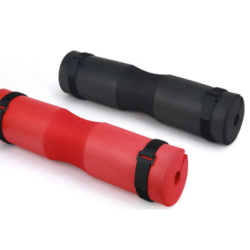 Red foam barbell pad cover for squats, 45cm length, with straps, on a barbell