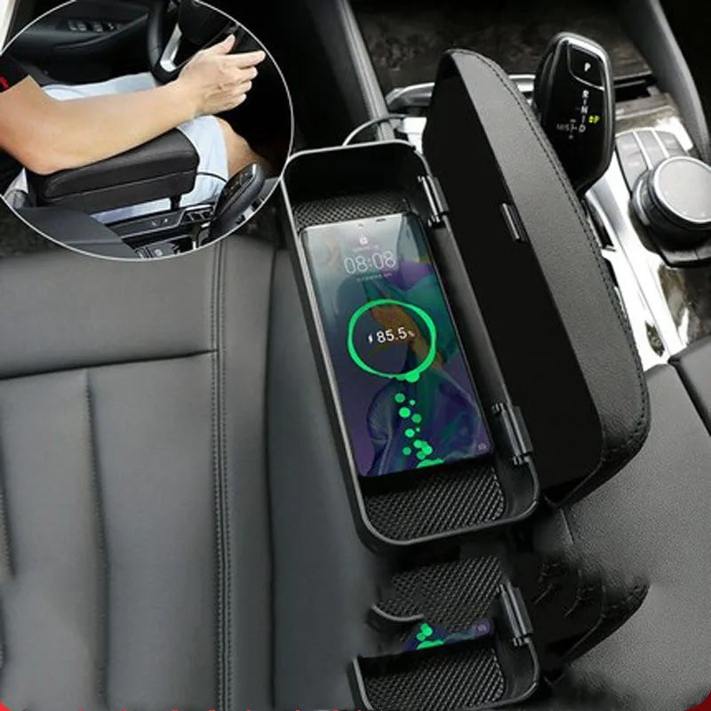 Car armrest box with wireless charging and adjustable pad in black with red stitching, universal fit