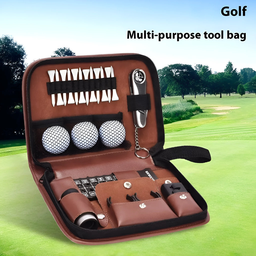 Brown leather golf storage bag with large capacity for clubs and accessories