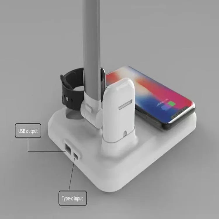 4-in-1 multi-function LED desk lamp with wireless charging pad and Type-C port in black or white