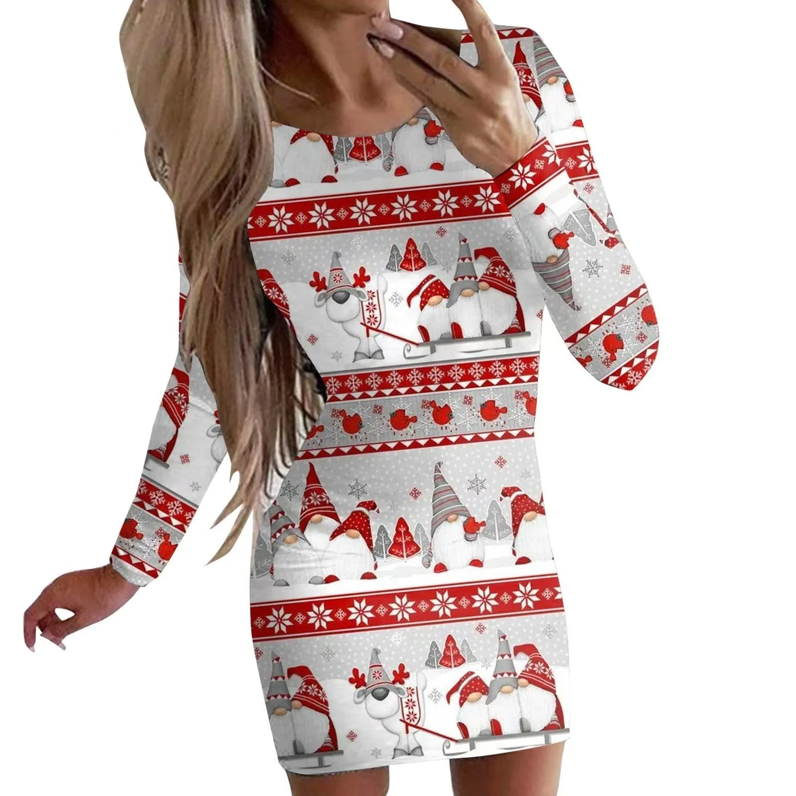 Red printed Christmas dress with animal pattern, round neck, long sleeves, and a tight-fitting hip skirt.