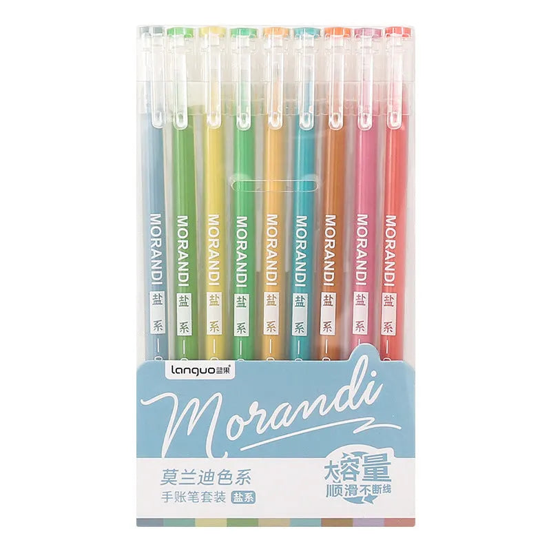 Set of nine gel pens with 0.5mm needle tips in a white plastic storage case.