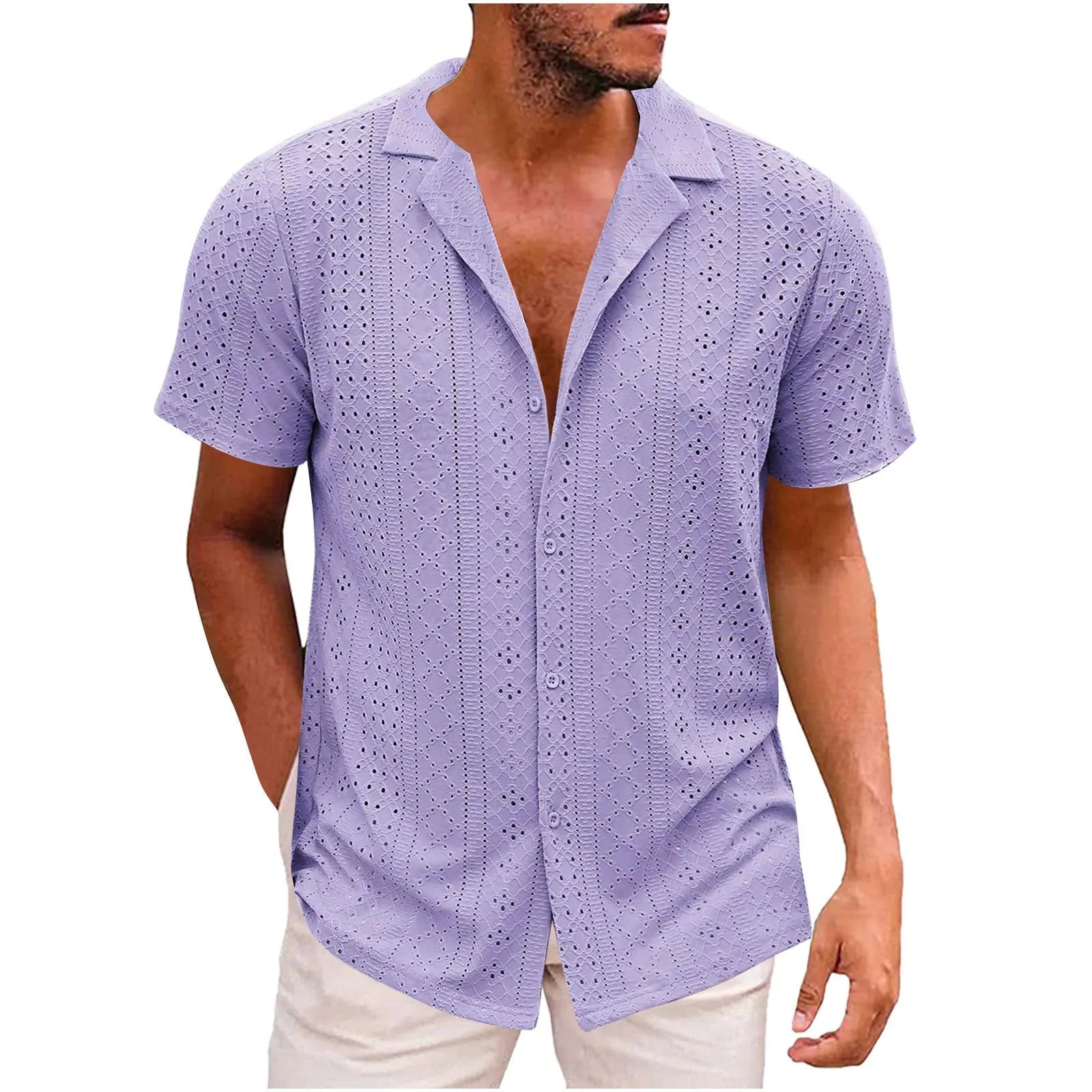 Breathable lightweight lapel men's casual shirt in cardigan style, regular fit, polyester fibre fabric, available in multiple colours