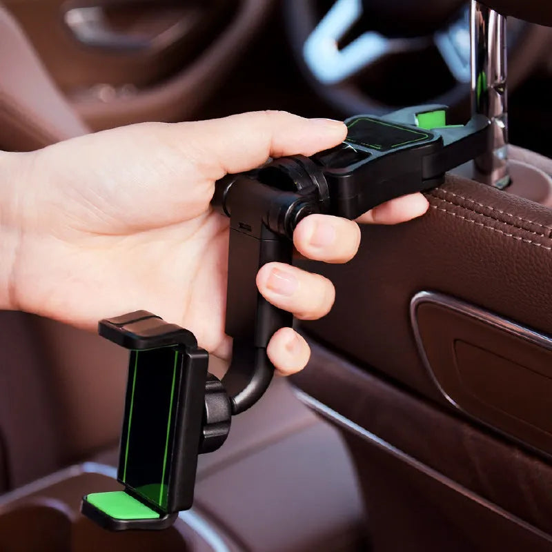 Black and green car mobile phone holder mounted on a rear-view mirror bracket.