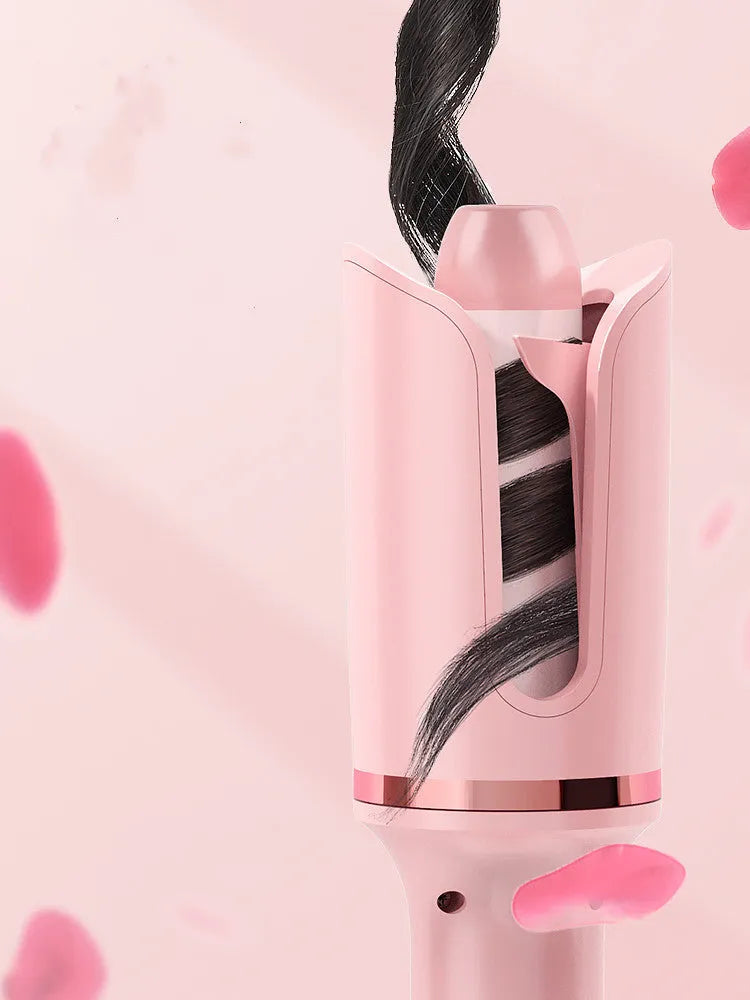 Electric rotating hair curler with tourmaline ceramic barrel in green, pink, and matte white on a neutral background