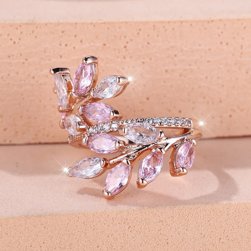Copper leaf-shaped adjustable ring with Platinum sapphire blue finish