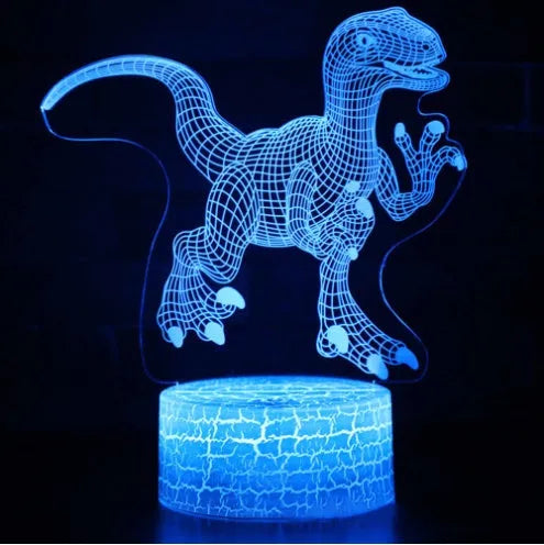 Colourful dinosaur 3D LED night light with touch controls on a compact ABS base.