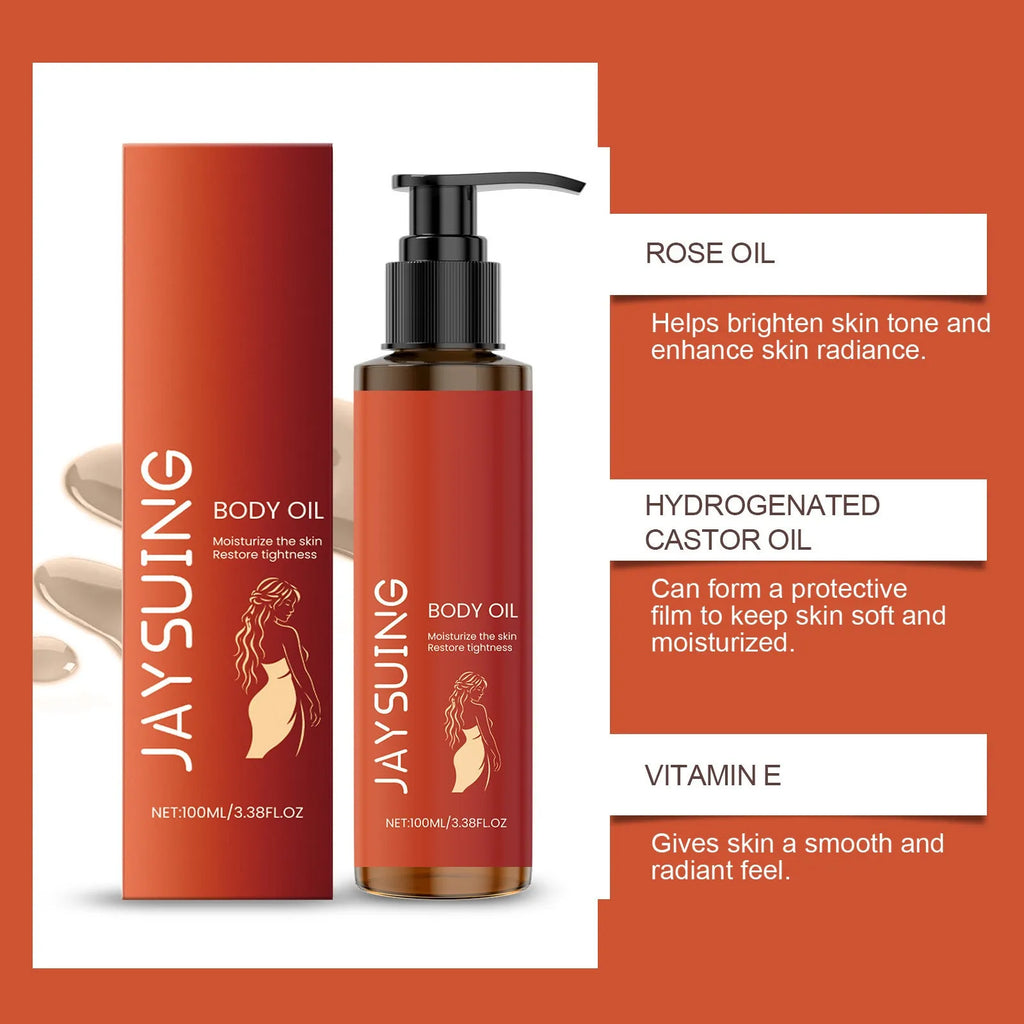 100ml bottle of body firming massage oil with glycerol and rose oil ingredients