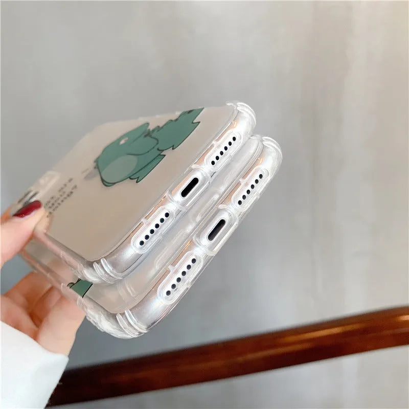 Transparent iPhone case with dinosaur design showing airbag anti-fall protection
