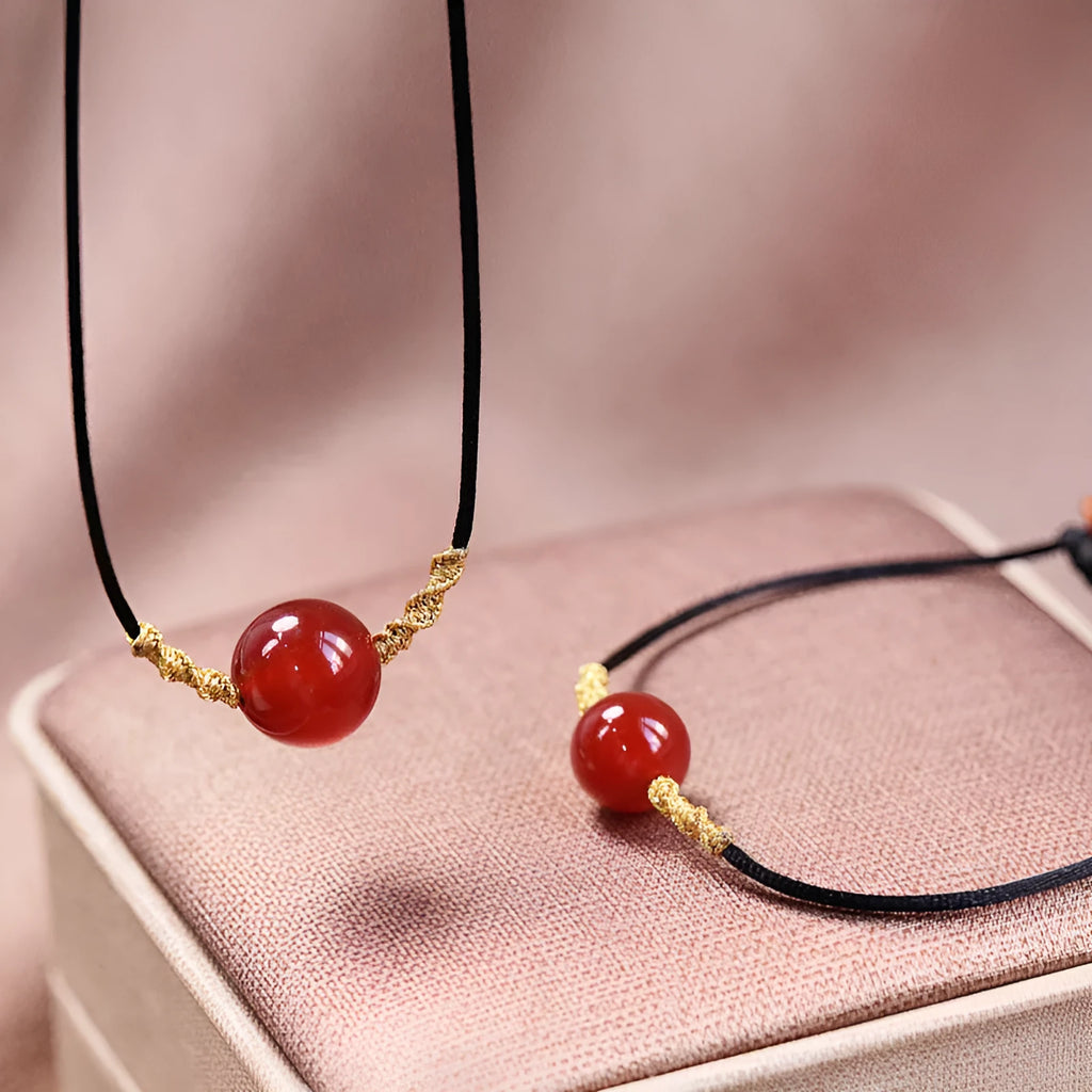 Natural red agate bracelet and necklace set with hand-woven beaded design for women