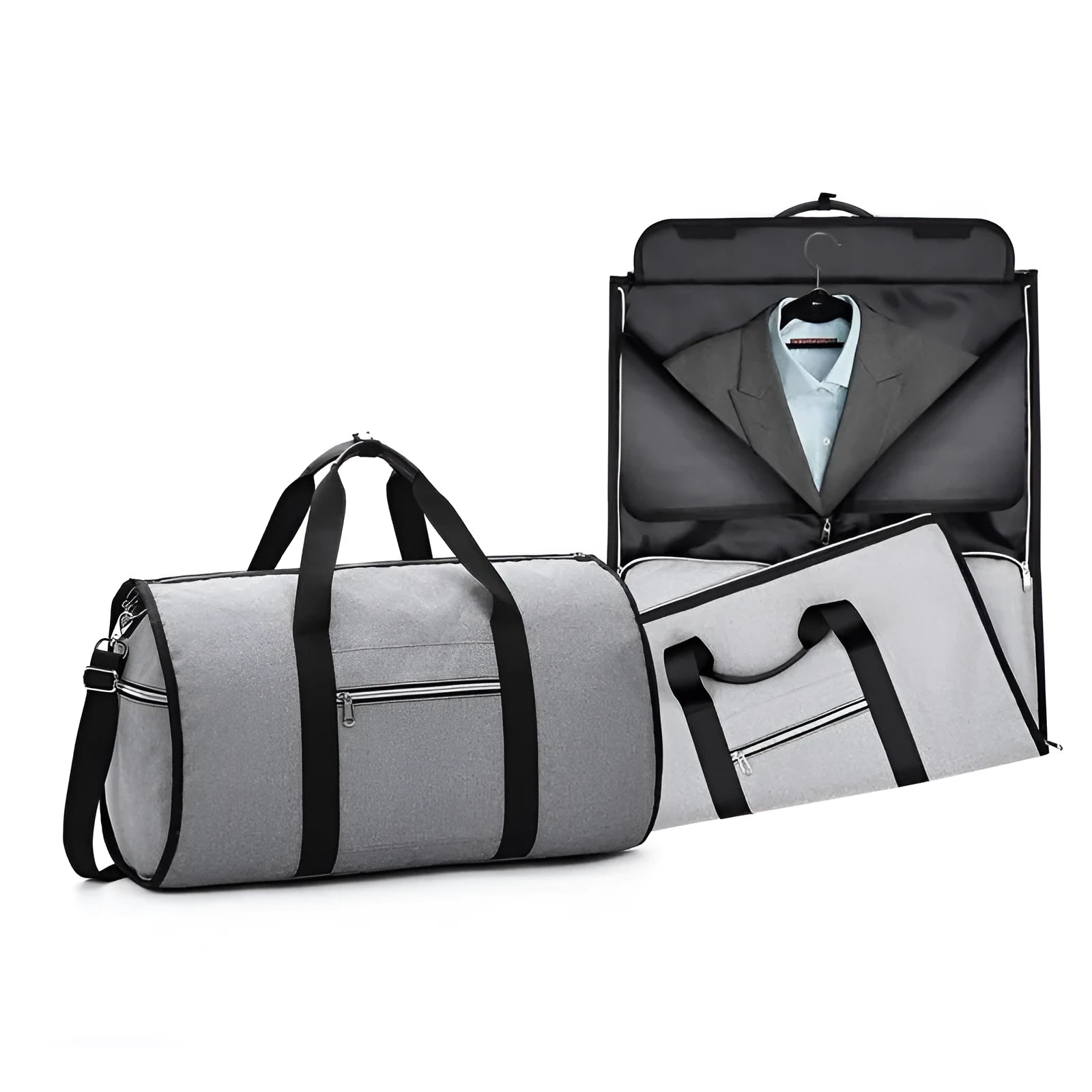 Cylinder-shaped travel duffle bag in Oxford cloth, shown in a choice of colours including black, blue, red, and light grey.