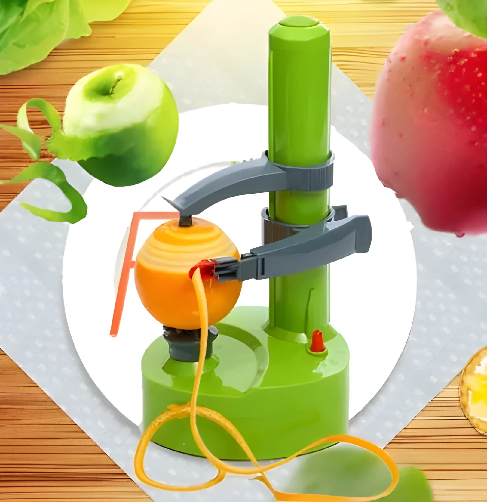 White electric fruit and vegetable peeler with stainless steel blade on a kitchen counter.
