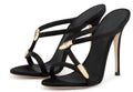 Black satin stiletto sandals with 9cm heel and decorative buckle shown on a white background