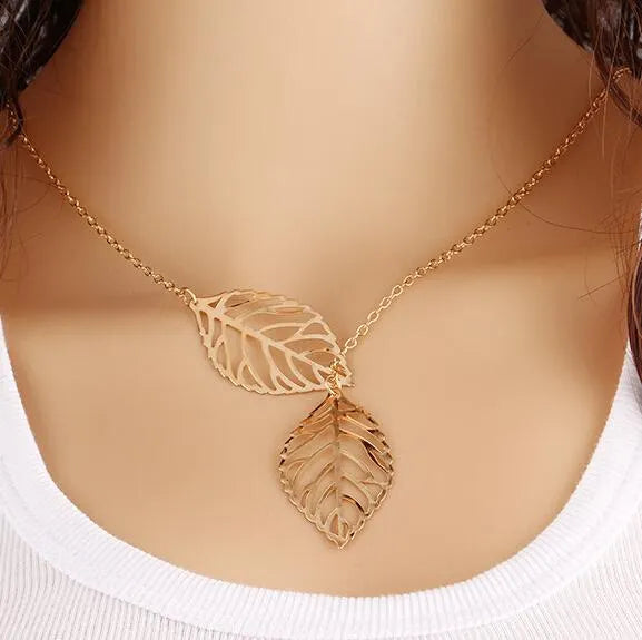 Leaf necklace in electroplated alloy, gold or silver colour, 21-50cm length, women's European and American style