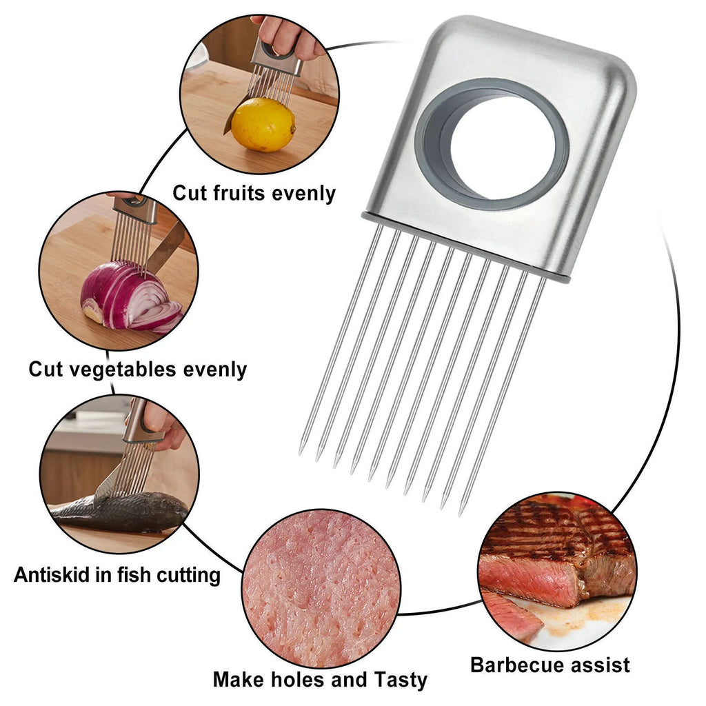 Stainless steel onion holder kitchen tool with sharp prongs and a red finger guard protector on a cutting board.