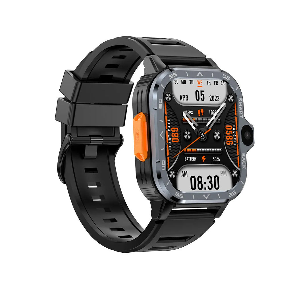 Black and silver student smartwatch with touch screen showing interface for Bluetooth calling and heart rate monitoring