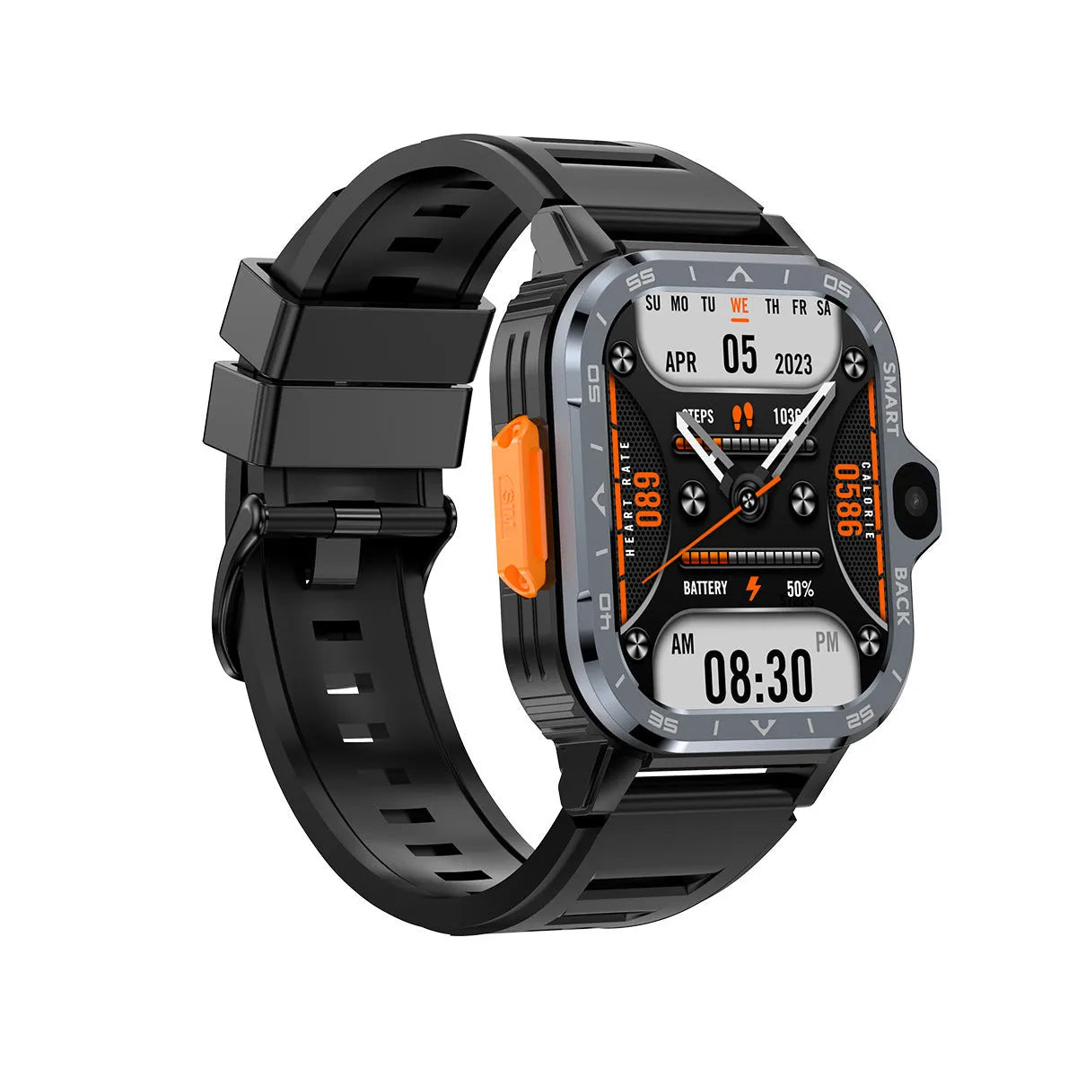 Black and silver student smartwatch with touch screen showing interface for Bluetooth calling and heart rate monitoring